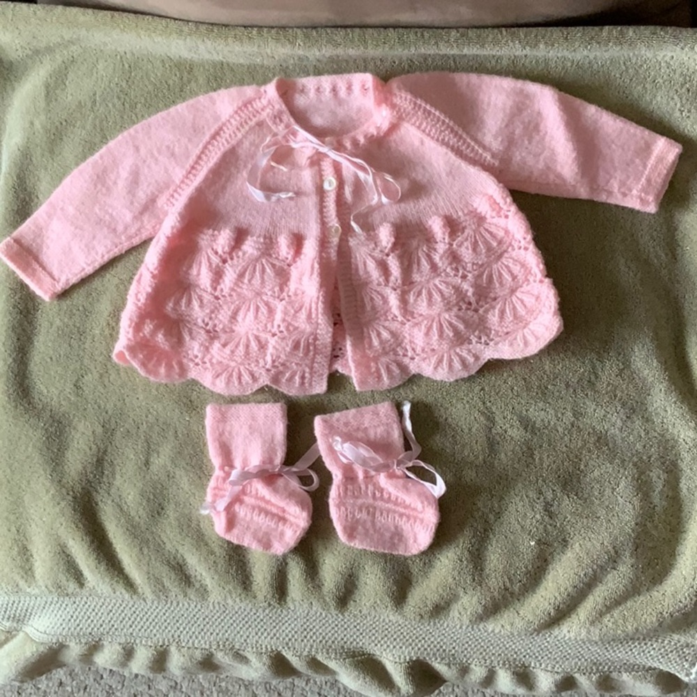 Vintage Handmade Knit Baby Cardigan and Booties